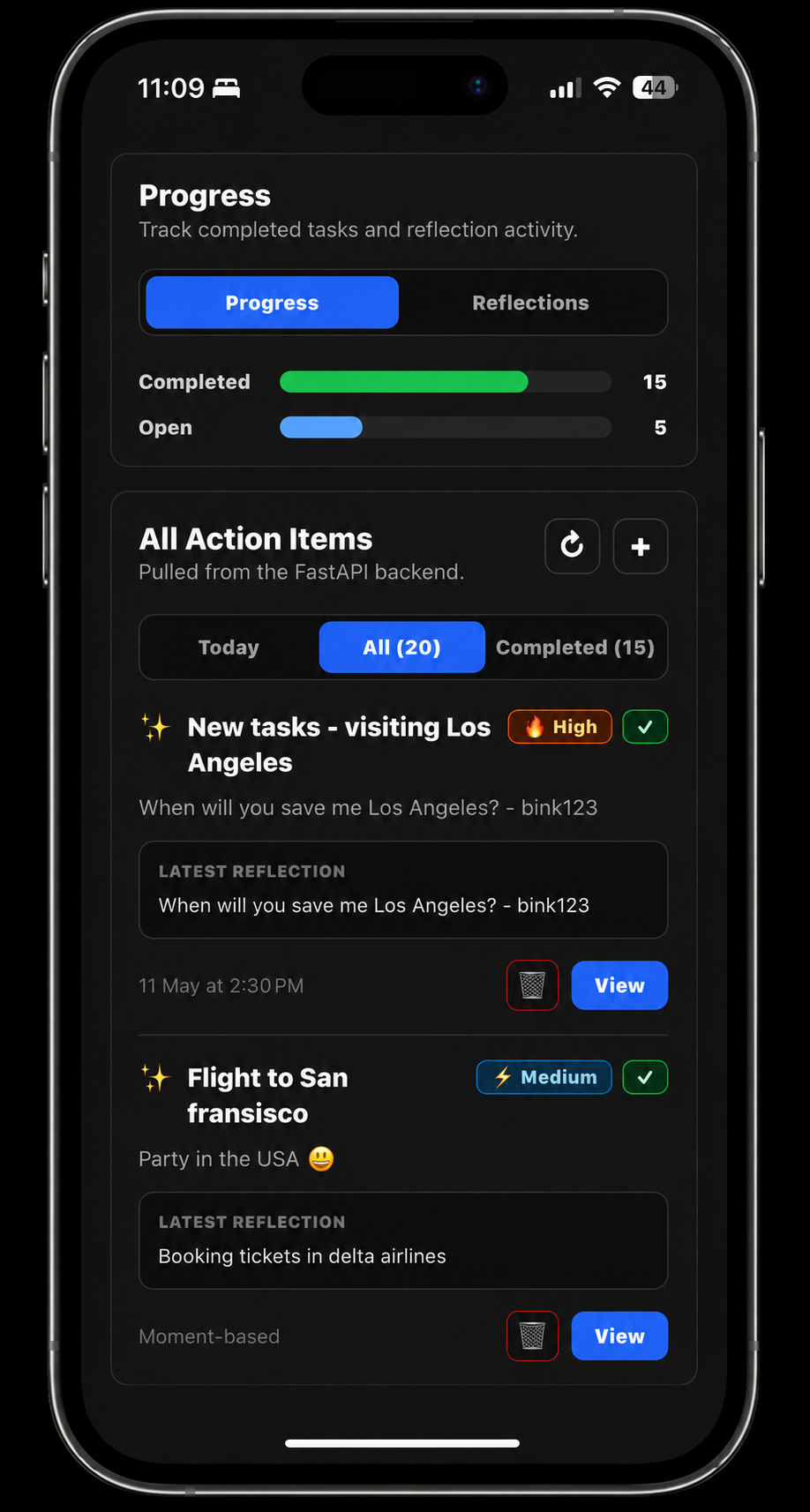 Stratosphere mobile progress and action item list